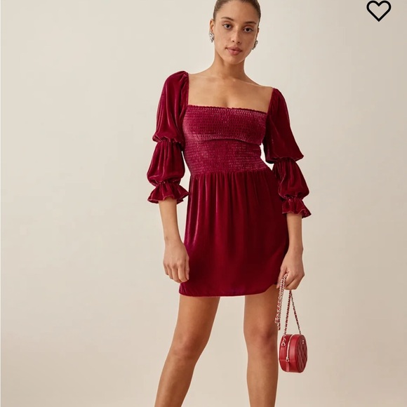 Reformation Albi Velvet Dress Romantic Smock Sleeve Mini XS Petite - Picture 2 of 9